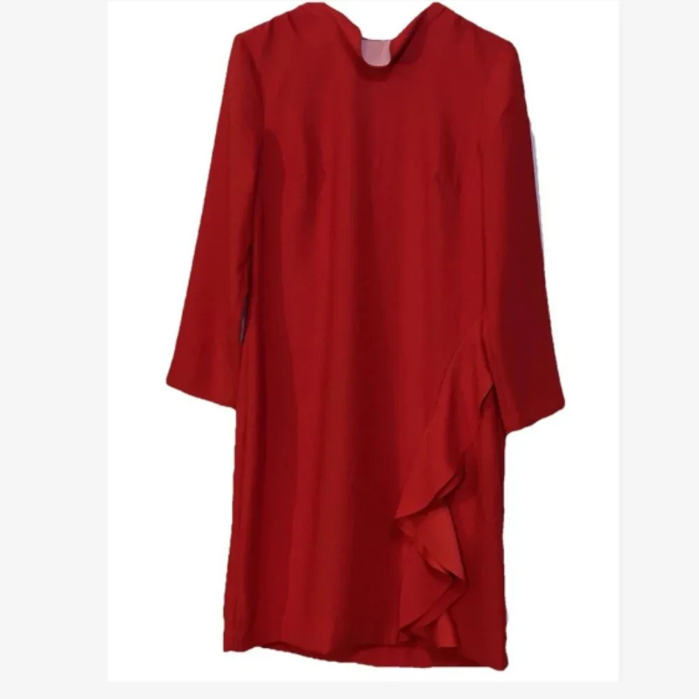 Banana Republic Dress Ruffled Sheath Women’s Size 8 Red Hidden Back Zipper Poly - Picture 2 of 4